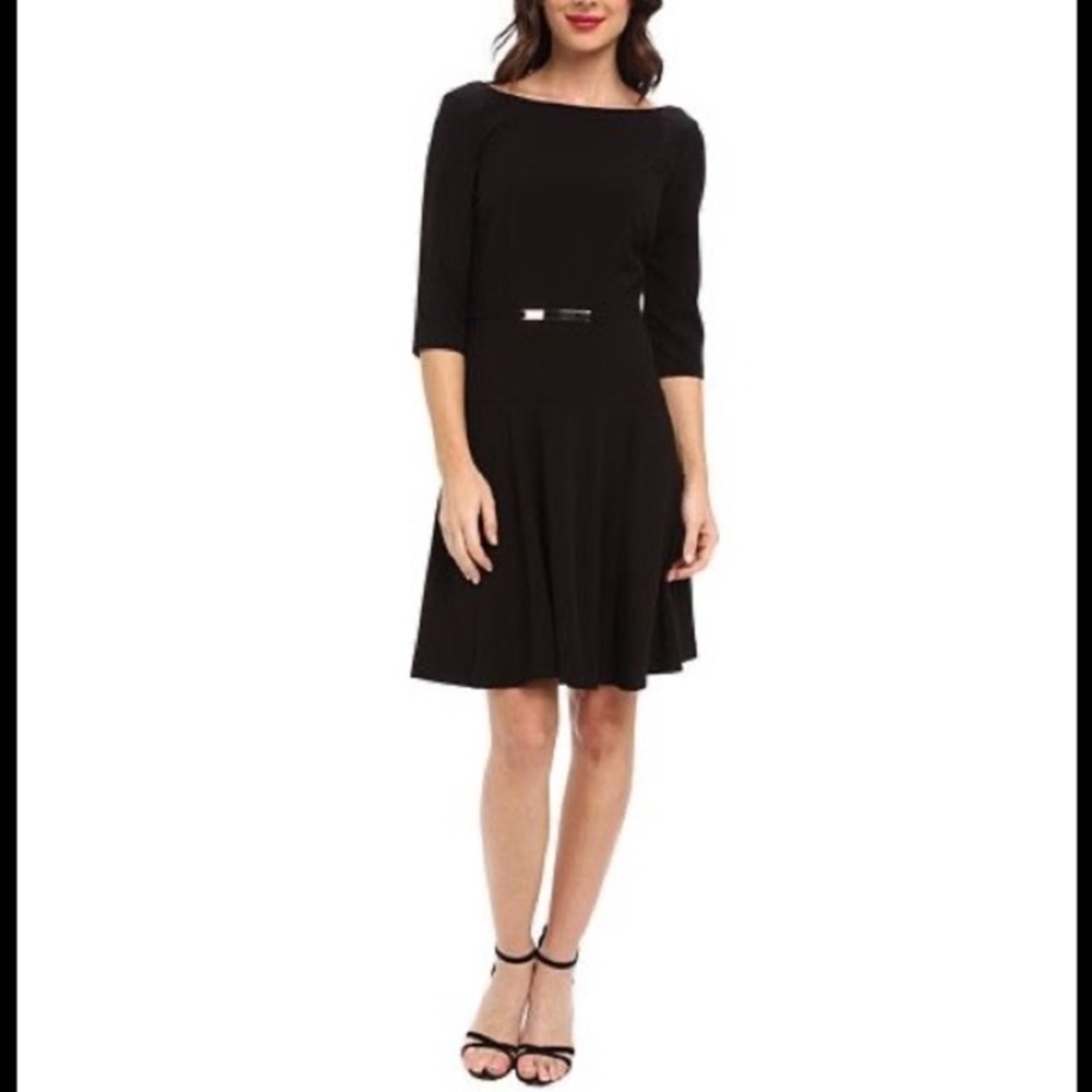 Tahari ASL Giovanni size 6 fit and flare dress black 3/4 sleeve gold metal belt
